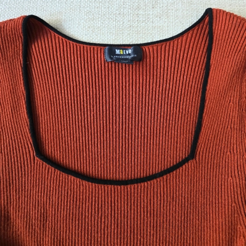 Maeve Anthropologie Ribbed Knit Top Square Neck Rust Orange Medium Puff Sleeve - Picture 2 of 4